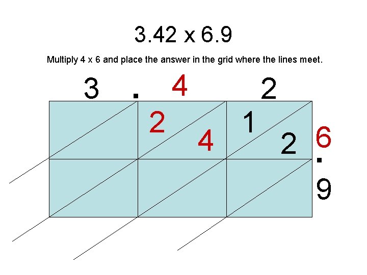3. 42 x 6. 9 . Multiply 4 x 6 and place the answer