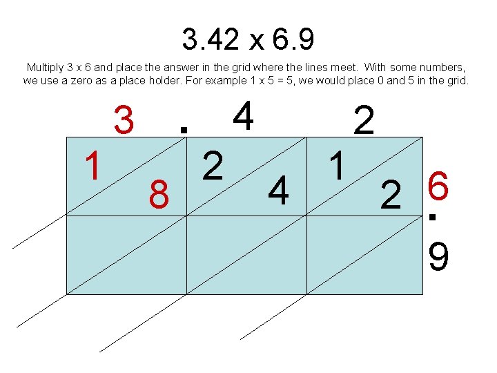 3. 42 x 6. 9 Multiply 3 x 6 and place the answer in