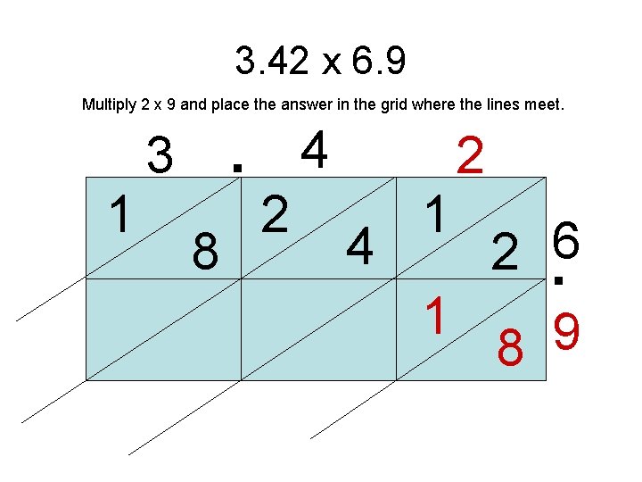 3. 42 x 6. 9 . Multiply 2 x 9 and place the answer