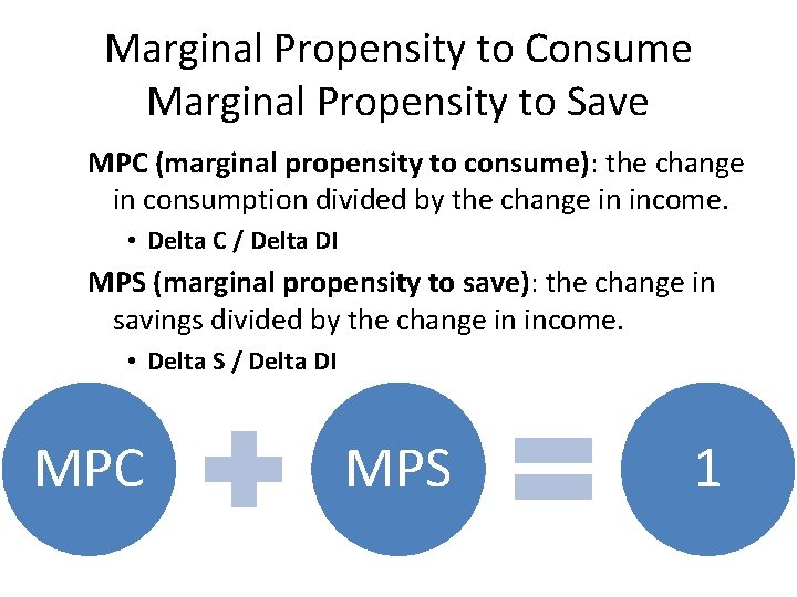 Marginal Propensity to Consume Marginal Propensity to Save MPC (marginal propensity to consume): the