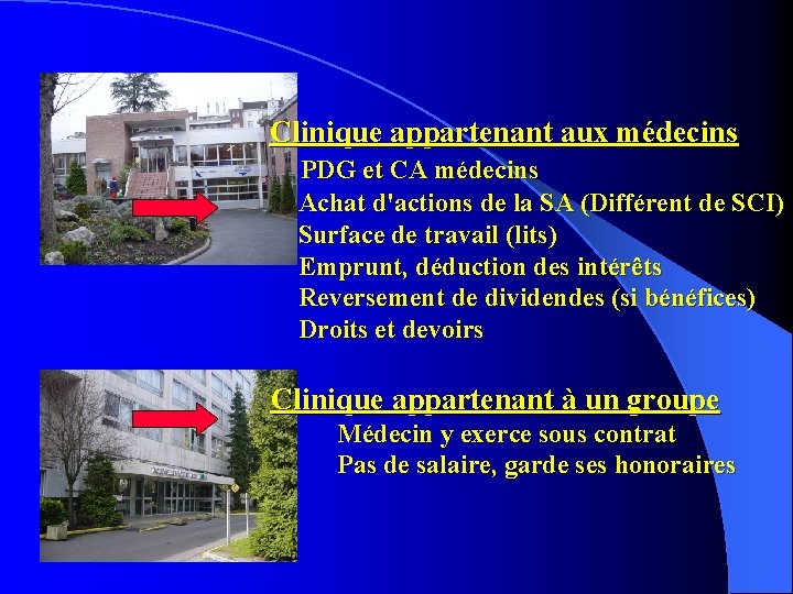 Clinique appartenant aux médecins PDG et CA médecins Achat d'actions de la SA (Différent