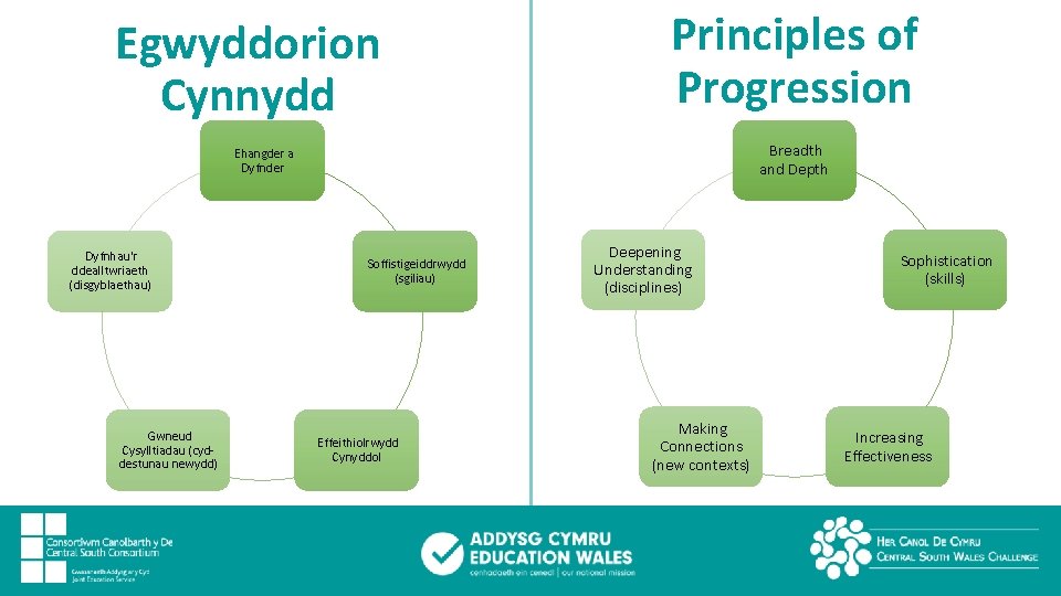 Egwyddorion Cynnydd Principles of Progression Breadth and Depth Ehangder a Dyfnder Dyfnhau'r ddealltwriaeth (disgyblaethau)