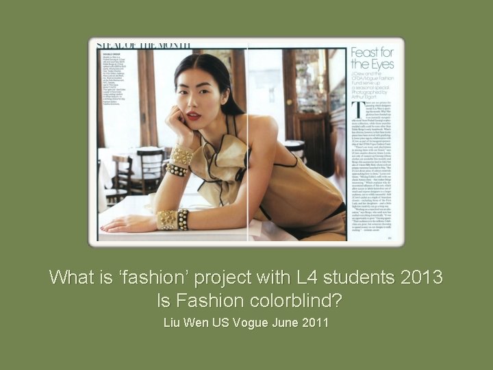What is ‘fashion’ project with L 4 students 2013 Is Fashion colorblind? Liu Wen