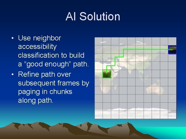 AI Solution • Use neighbor accessibility classification to build a “good enough” path. •