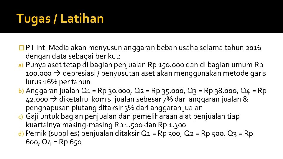 Tugas / Latihan � PT Inti Media akan menyusun anggaran beban usaha selama tahun