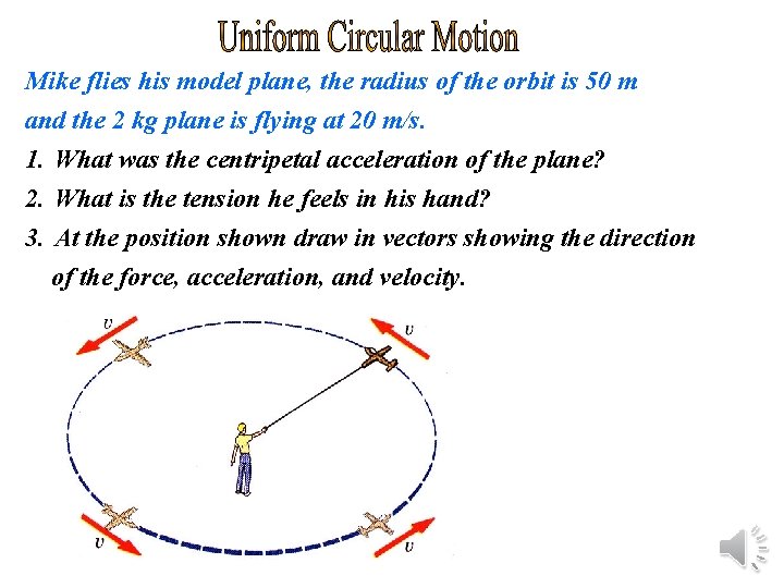 Mike flies his model plane, the radius of the orbit is 50 m and