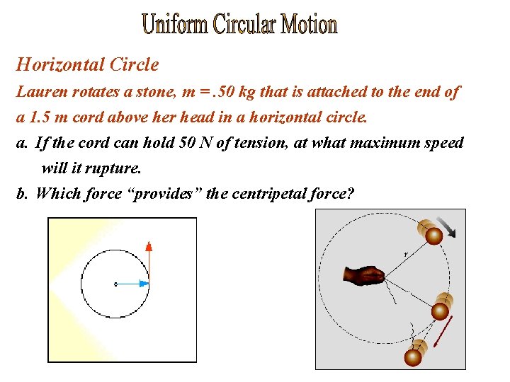 Horizontal Circle Lauren rotates a stone, m =. 50 kg that is attached to