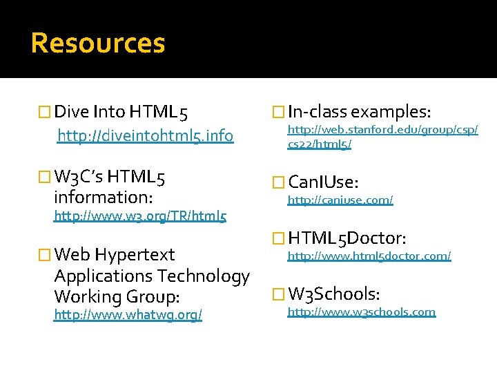 Resources � Dive Into HTML 5 http: //diveintohtml 5. info � W 3 C’s Resources � Dive Into HTML 5 http: //diveintohtml 5. info � W 3 C’s