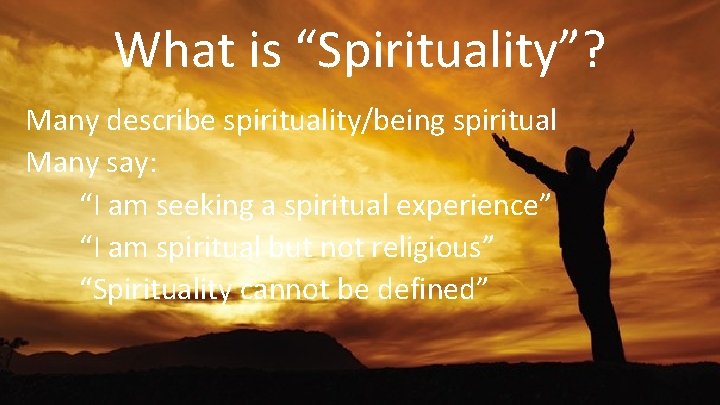 What is “Spirituality”? Many describe spirituality/being spiritual Many say: “I am seeking a spiritual