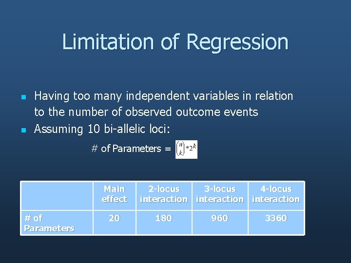 Limitation of Regression n n Having too many independent variables in relation to the