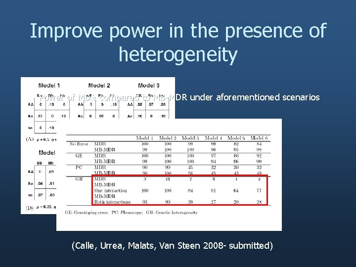 Improve power in the presence of heterogeneity Power of MDR compared to MB-MDR under