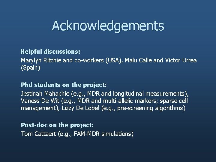 Acknowledgements Helpful discussions: Marylyn Ritchie and co-workers (USA), Malu Calle and Victor Urrea (Spain)