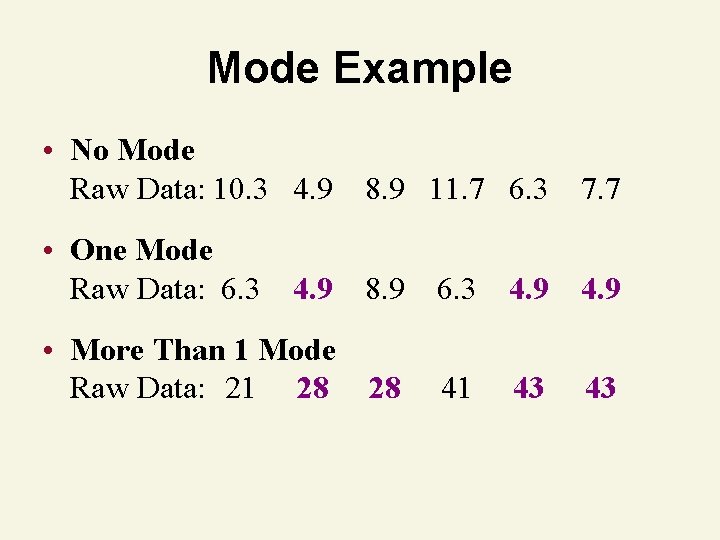 Mode Example • No Mode Raw Data: 10. 3 4. 9 8. 9 11.