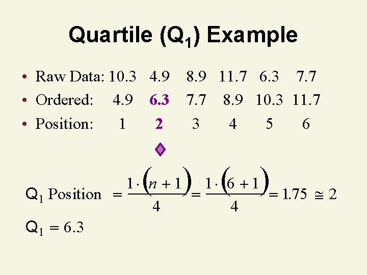Quartile (Q 1) Example • Raw Data: 10. 3 4. 9 8. 9 11.