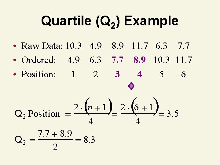 Quartile (Q 2) Example • Raw Data: 10. 3 4. 9 8. 9 11.