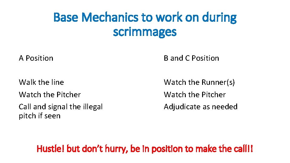 Base Mechanics to work on during scrimmages A Position B and C Position Walk