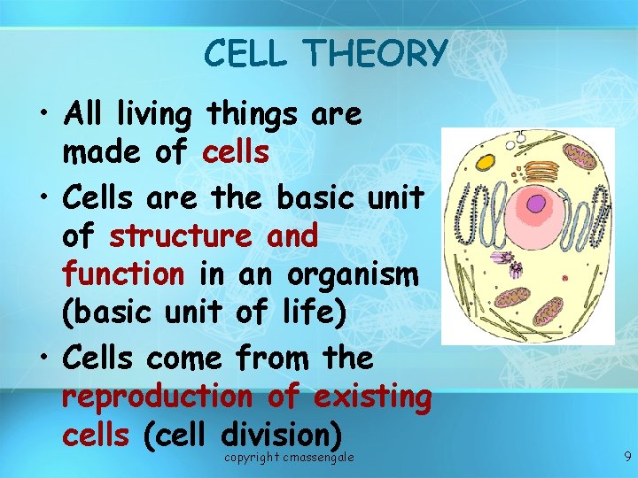 CELL THEORY • All living things are made of cells • Cells are the