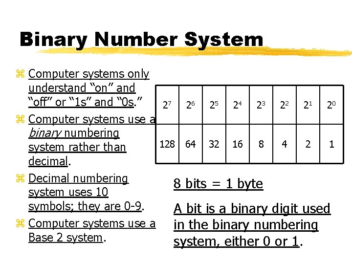 Binary Number System z Computer systems only understand “on” and “off” or “ 1