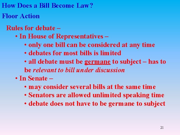 How Does a Bill Become Law? Floor Action Rules for debate – • In