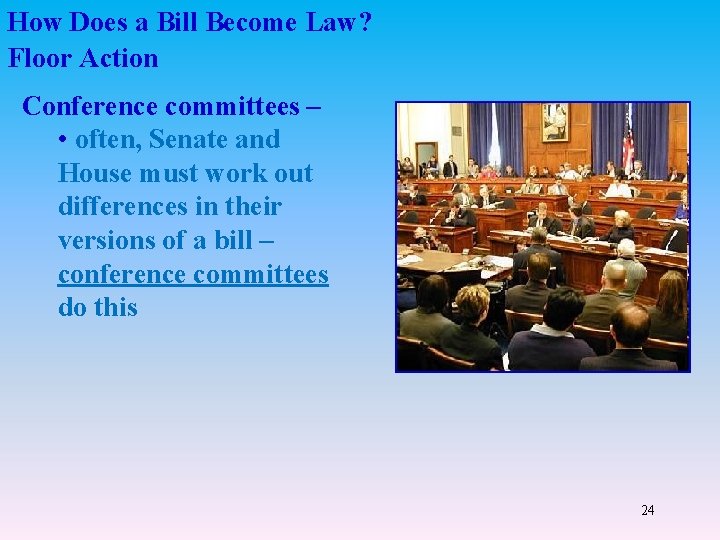 How Does a Bill Become Law? Floor Action Conference committees – • often, Senate