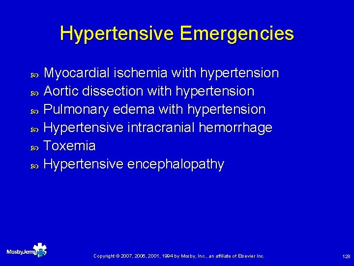 Hypertensive Emergencies Myocardial ischemia with hypertension Aortic dissection with hypertension Pulmonary edema with hypertension
