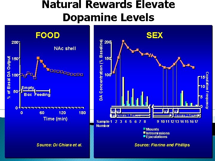 Natural Rewards Elevate Dopamine Levels 200 % of Basal DA Output NAc shell 150