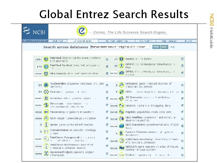 NCBI Field. Guide Global Entrez Search Results 