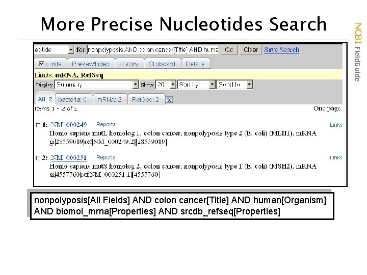 nonpolyposis[All Fields] AND colon cancer[Title] AND human[Organism] AND biomol_mrna[Properties] AND srcdb_refseq[Properties] NCBI Field. Guide