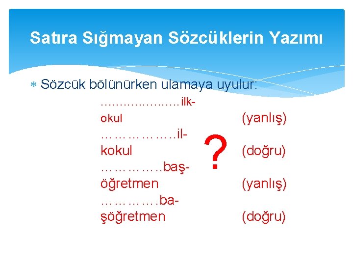 Satıra Sığmayan Sözcüklerin Yazımı Sözcük bölünürken ulamaya uyulur: . . ilkokul (yanlış) ……………. .