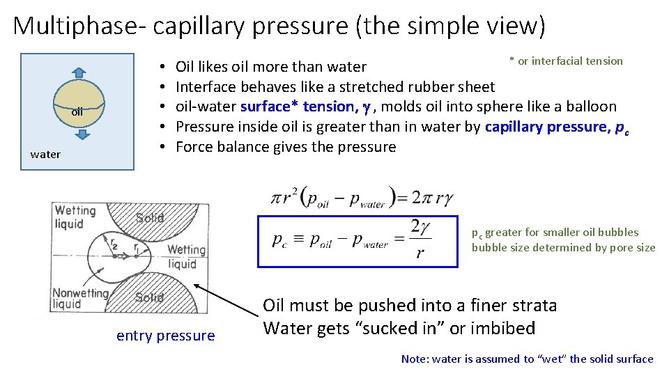 Multiphase- capillary pressure (the simple view) oil water • • • * or interfacial