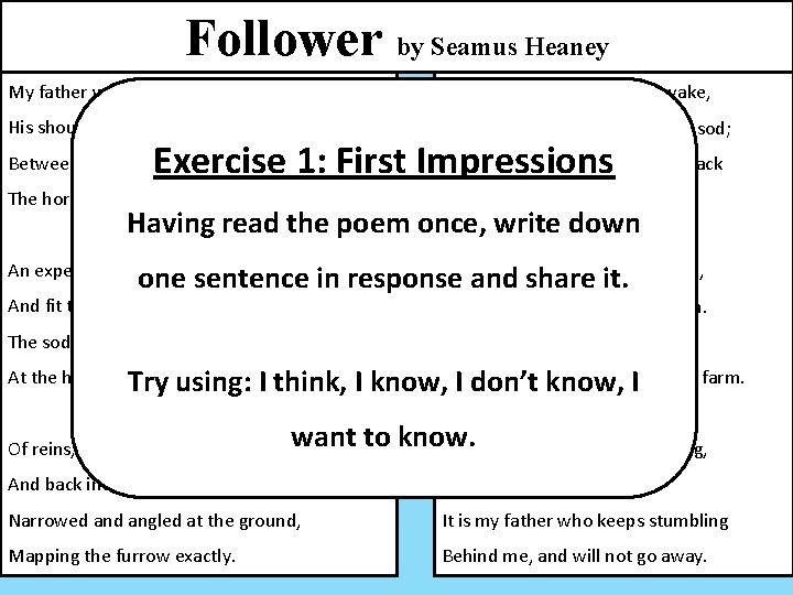 Follower by Seamus Heaney My father worked with a horse plough, I stumbled in