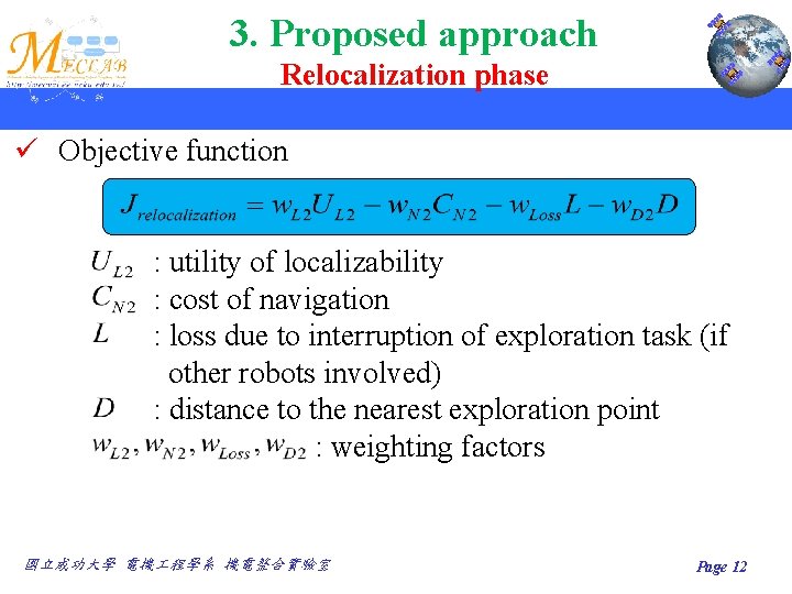 3. Proposed approach Relocalization phase ü Objective function : utility of localizability : cost