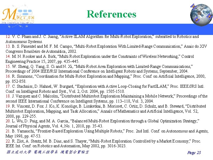 References 12. V. C. Pham and J. C. Juang, “Active SLAM Algorithm for Multi-Robot