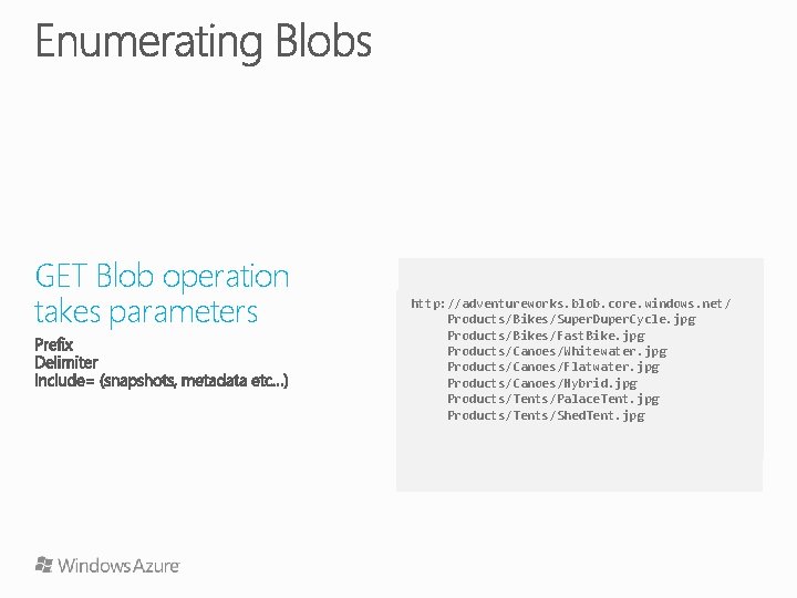 GET Blob operation takes parameters http: //adventureworks. blob. core. windows. net/ Products/Bikes/Super. Duper. Cycle.