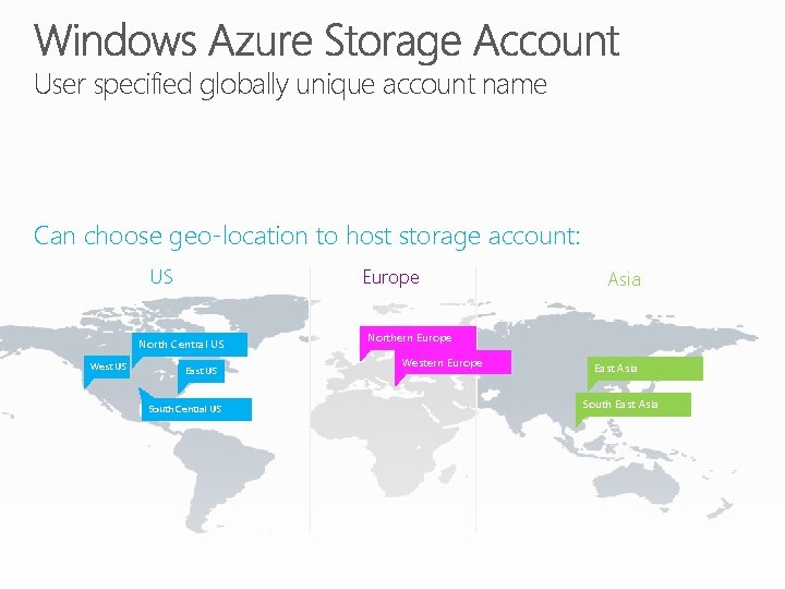 User specified globally unique account name Can choose geo-location to host storage account: US