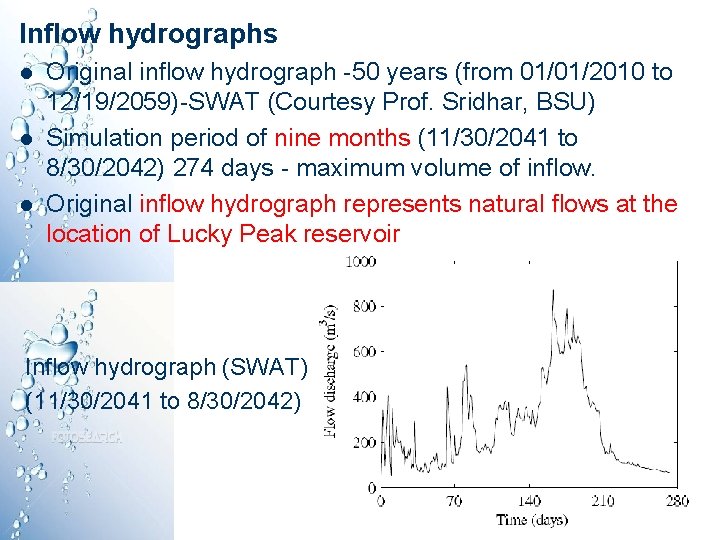 Inflow hydrographs l l l Original inflow hydrograph -50 years (from 01/01/2010 to 12/19/2059)-SWAT Inflow hydrographs l l l Original inflow hydrograph -50 years (from 01/01/2010 to 12/19/2059)-SWAT