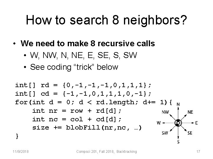 How to search 8 neighbors? • We need to make 8 recursive calls •