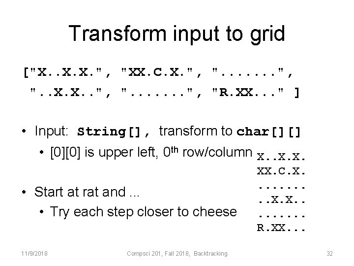 Transform input to grid ["X. . X. X. ", "XX. C. X. ", ".