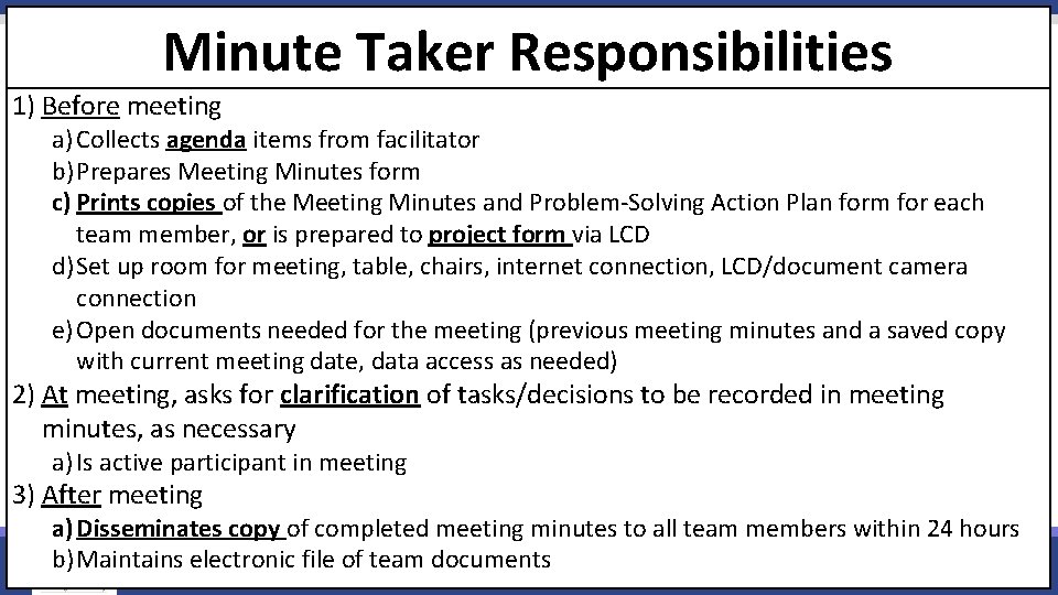 Minute Taker Responsibilities 1) Before meeting a) Collects agenda items from facilitator b) Prepares