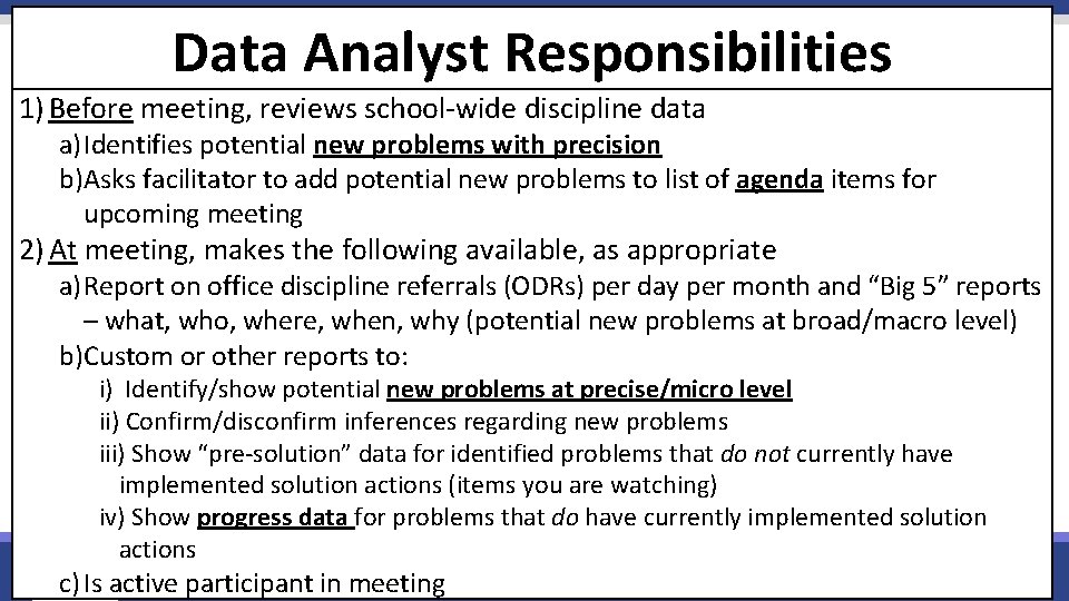 Data Analyst Responsibilities 1) Before meeting, reviews school-wide discipline data a) Identifies potential new