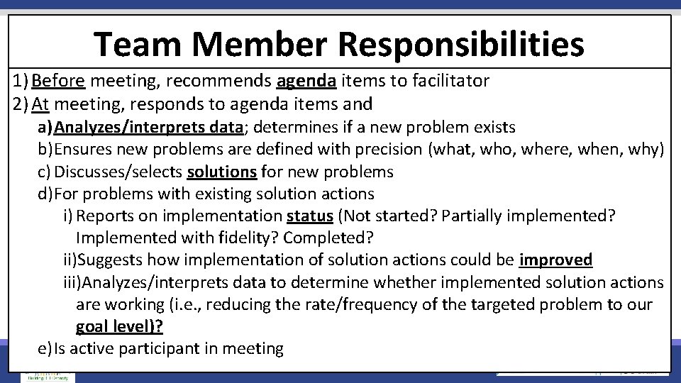 Team Member Responsibilities 1) Before meeting, recommends agenda items to facilitator 2) At meeting,