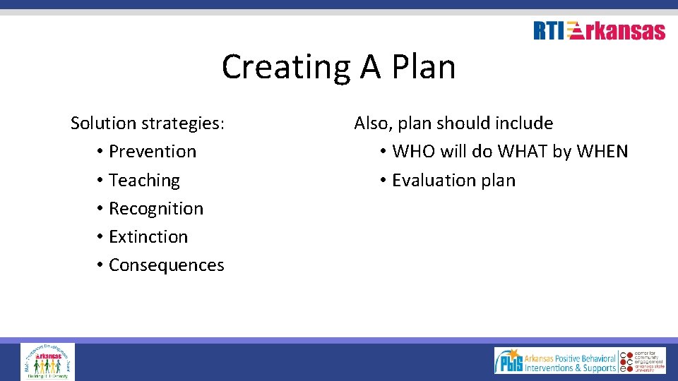 Creating A Plan Solution strategies: • Prevention • Teaching • Recognition • Extinction •