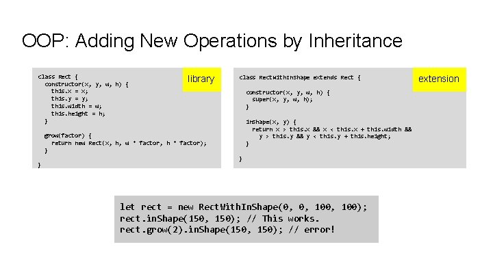 OOP: Adding New Operations by Inheritance class Rect { constructor(x, y, w, h) { OOP: Adding New Operations by Inheritance class Rect { constructor(x, y, w, h) {