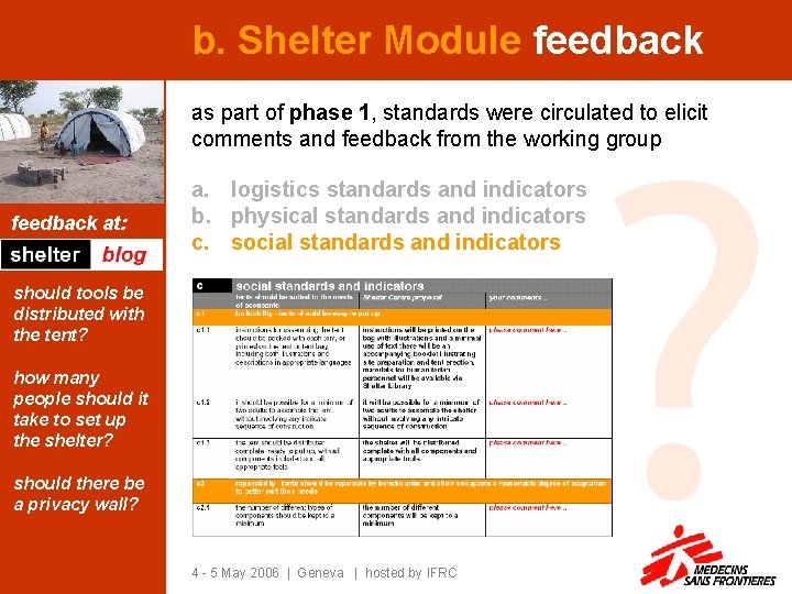 b. Shelter Module feedback as part of phase 1, standards were circulated to elicit