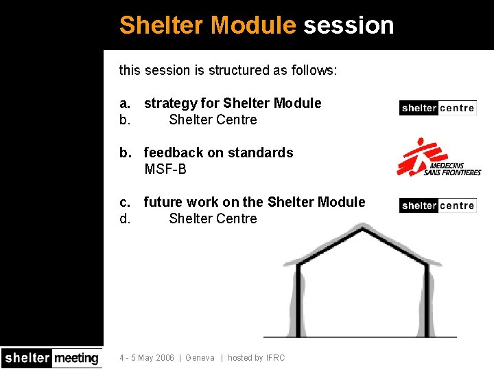 Shelter Module session this session is structured as follows: a. strategy for Shelter Module