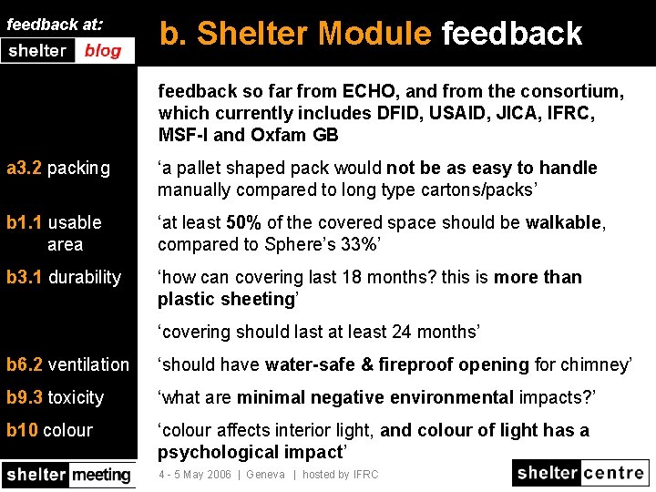 feedback at: b. Shelter Module feedback so far from ECHO, and from the consortium,