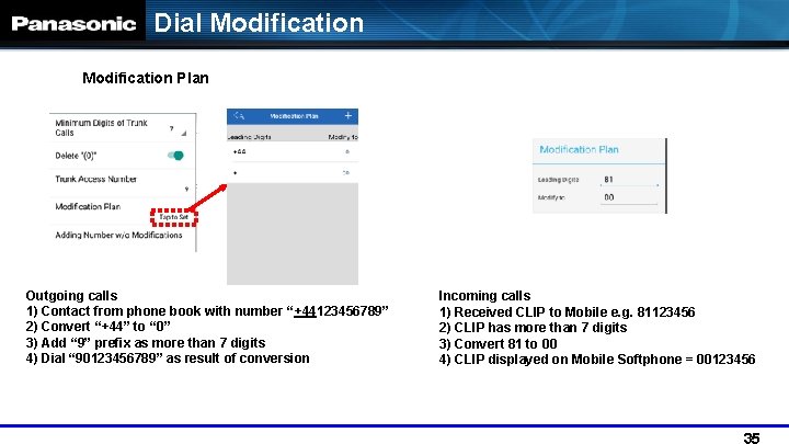 Dial Modification Plan Outgoing calls 1) Contact from phone book with number “+44123456789” 2)