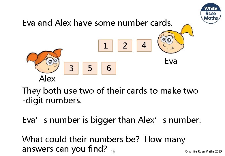 Eva and Alex have some number cards. 1 Alex 3 5 6 2 4
