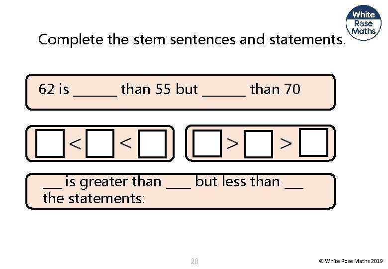 Complete the stem sentences and statements. 62 is _______ than 55 but _______ than