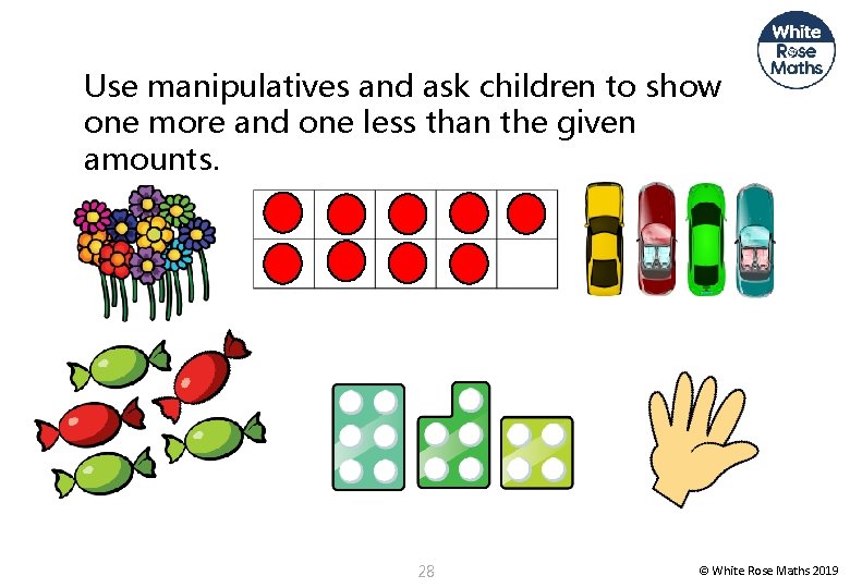 Use manipulatives and ask children to show one more and one less than the